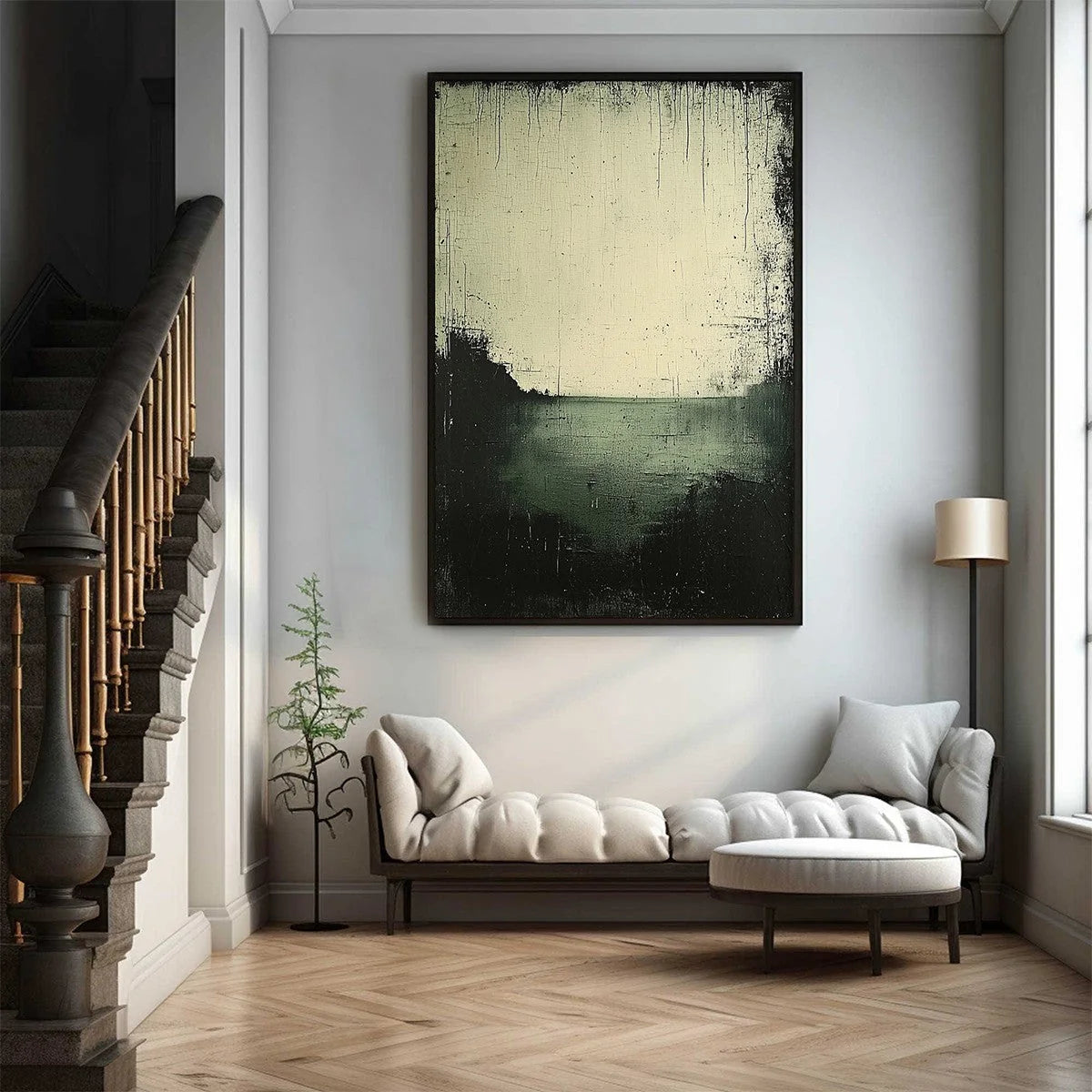 EMERALD MIST: Textured Wabi-Sabi Seascape Oil Painting | black frame version on white wall