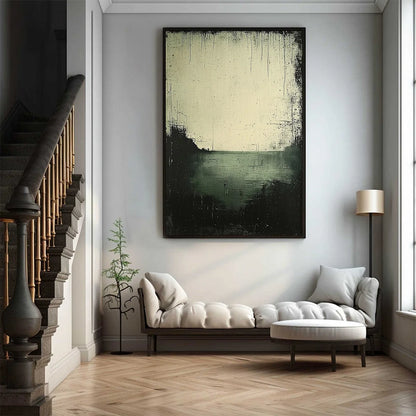 EMERALD MIST: Textured Wabi-Sabi Seascape Oil Painting | black frame version on white wall