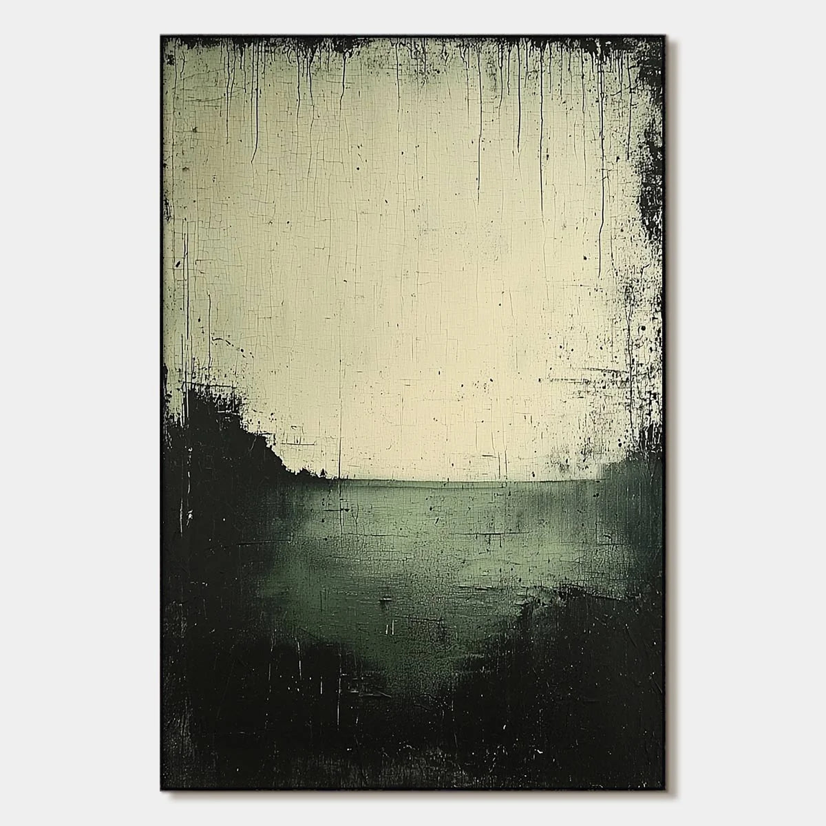 EMERALD MIST: Textured Wabi-Sabi Seascape Oil Painting | hanging in EMERALD MIST: Textured Wabi-Sabi Seascape Oil Painting featuring layered textured brushwork in refined tones; abstract compositio...
