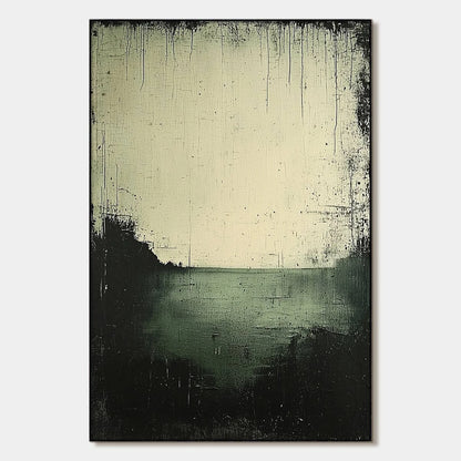 EMERALD MIST: Textured Wabi-Sabi Seascape Oil Painting | hanging in EMERALD MIST: Textured Wabi-Sabi Seascape Oil Painting featuring layered textured brushwork in refined tones; abstract compositio...