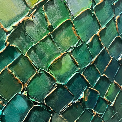 EMERALD MOSAIC: Textured Abstract Green and Gold Oil Painting | rectangular format, hand-painted canvas edge