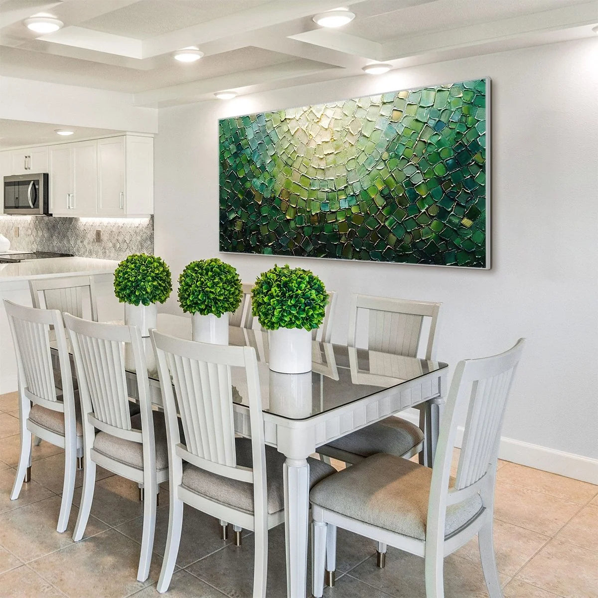 EMERALD MOSAIC: Textured Abstract Green and Gold Oil Painting | gold frame stretched on neutral wall