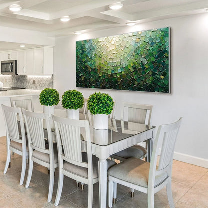 EMERALD MOSAIC: Textured Abstract Green and Gold Oil Painting | gold frame stretched on neutral wall