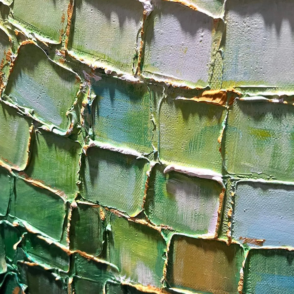 EMERALD MOSAIC: Textured Abstract Green and Gold Oil Painting | rolled canvas, ready for custom framing