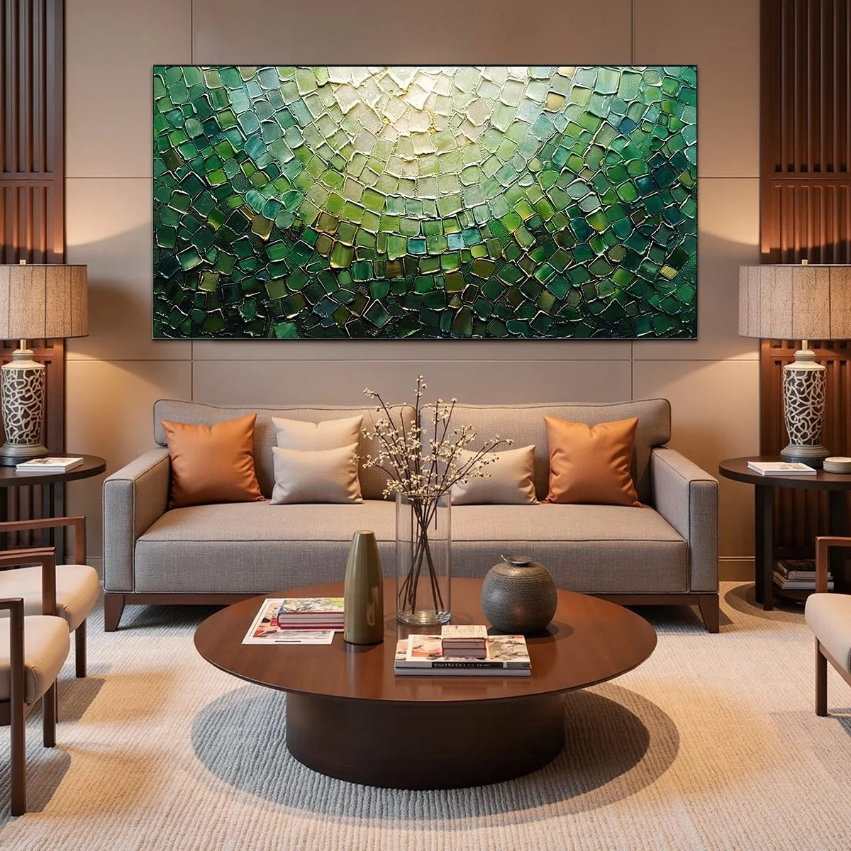 EMERALD MOSAIC: Textured Abstract Green and Gold Oil Painting | black frame version on white wall
