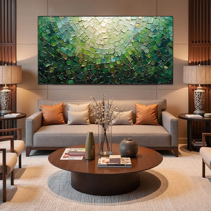 EMERALD MOSAIC: Textured Abstract Green and Gold Oil Painting | black frame version on white wall