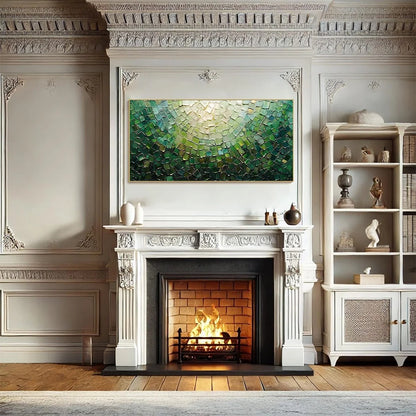 EMERALD MOSAIC: Textured Abstract Green and Gold Oil Painting | Abstract mood, soft natural light studio shot