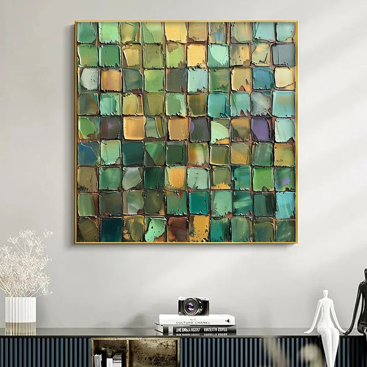 EMERALD MOSAIC: Textured Abstract Green and Gold Oil Painting | Abstract closeup, raised brushwork detail