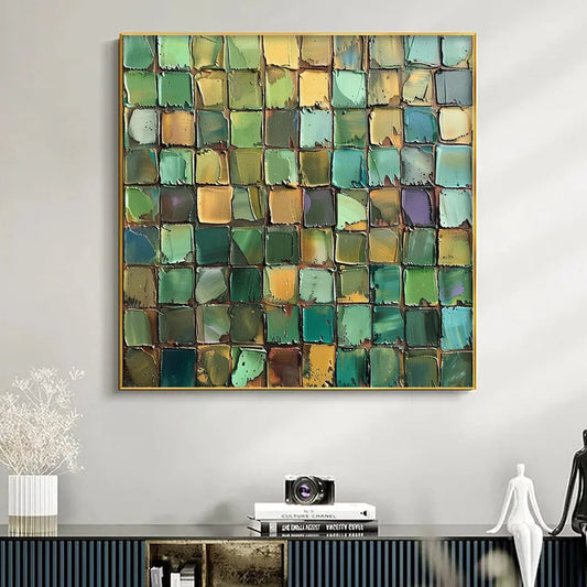 EMERALD MOSAIC: Textured Abstract Green and Gold Oil Painting