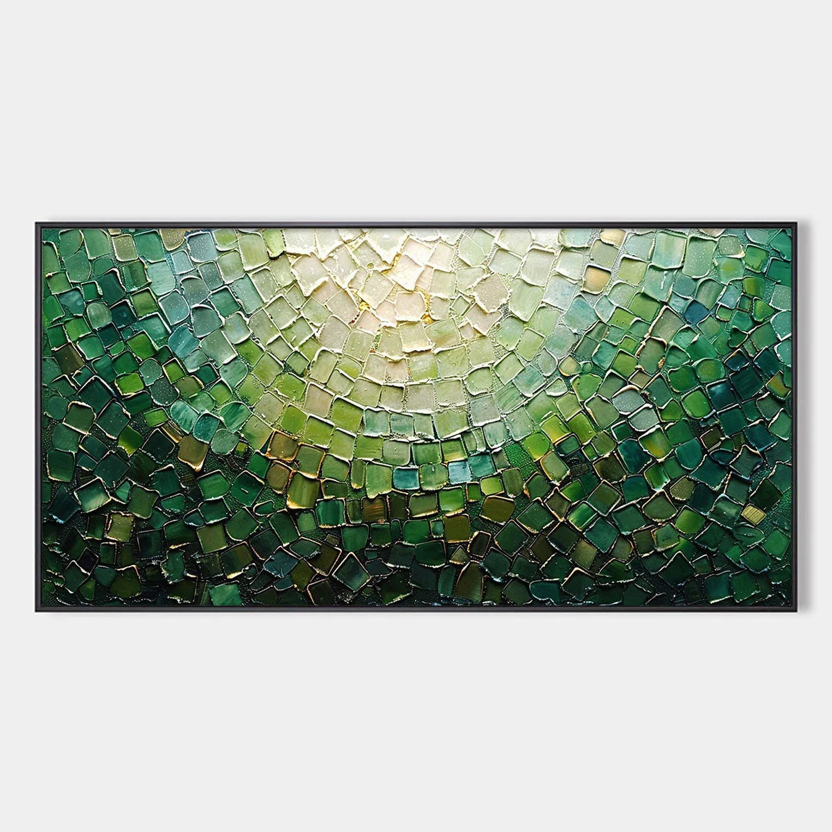 EMERALD MOSAIC: Textured Abstract Green and Gold Oil Painting | hanging in EMERALD MOSAIC: Textured Abstract Green and Gold Oil Painting featuring layered textured brushwork in refined tones; abstr...