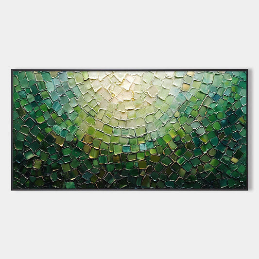 EMERALD MOSAIC: Textured Abstract Green and Gold Oil Painting | hanging in EMERALD MOSAIC: Textured Abstract Green and Gold Oil Painting featuring layered textured brushwork in refined tones; abstr...