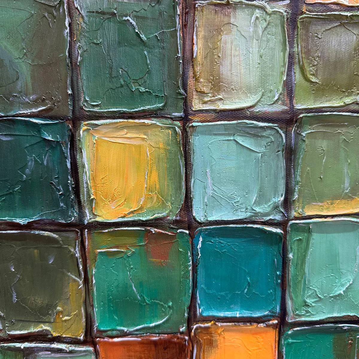 EMERALD MOSAIC: Textured Abstract Green and Gold Oil Painting | rectangular format, hand-painted canvas edge