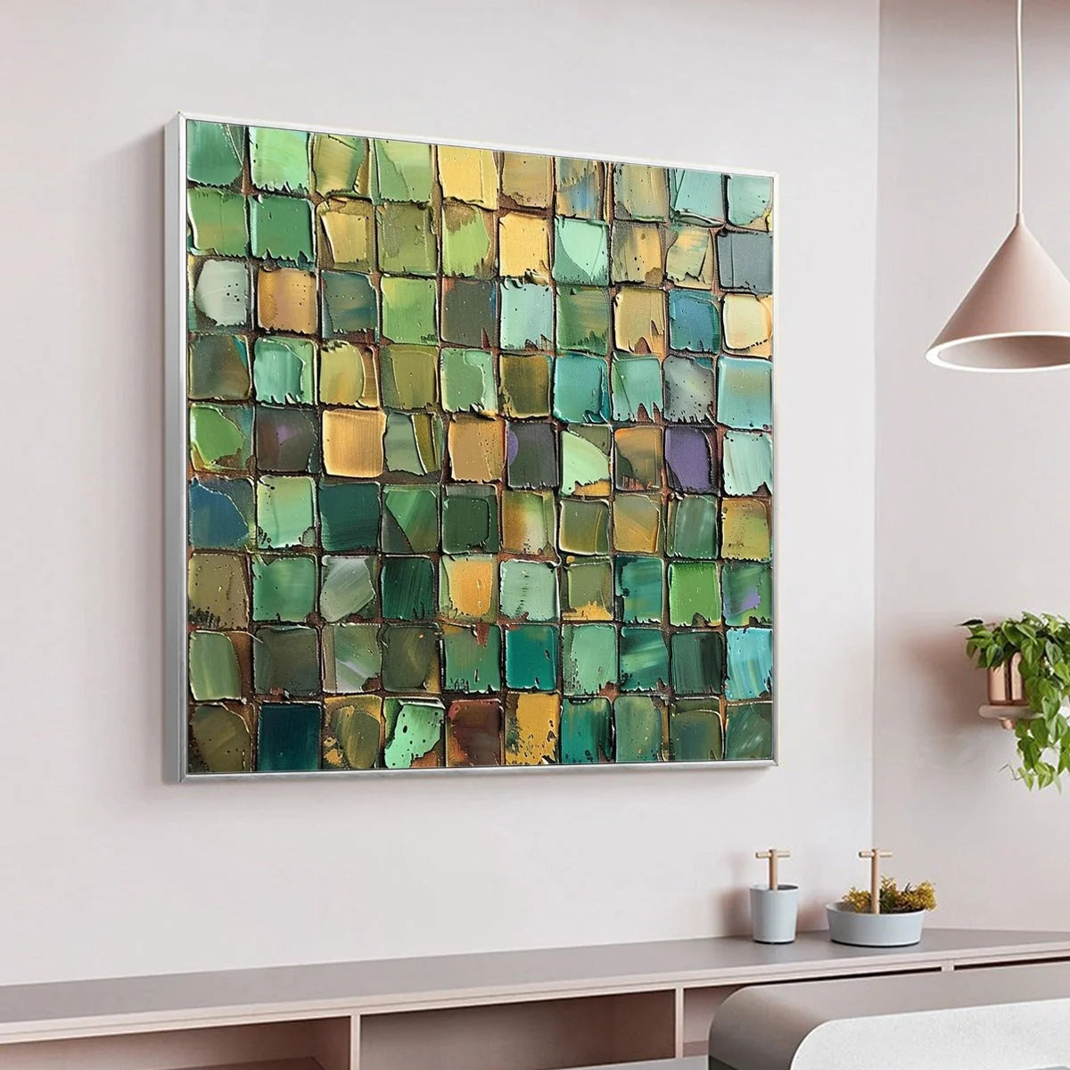 EMERALD MOSAIC: Textured Abstract Green and Gold Oil Painting | gold frame stretched on neutral wall