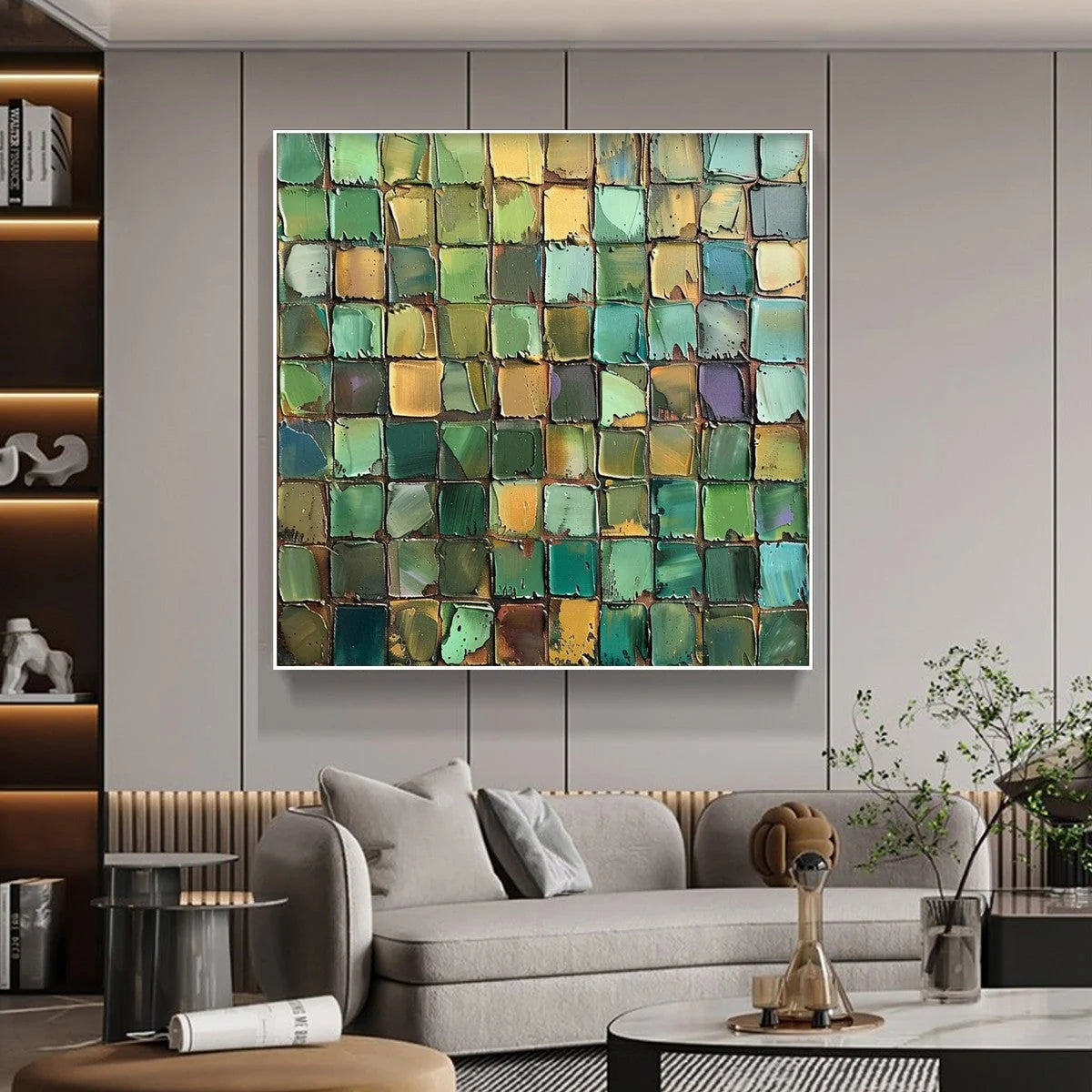 EMERALD MOSAIC: Textured Abstract Green and Gold Oil Painting | rolled canvas, ready for custom framing