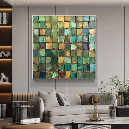 EMERALD MOSAIC: Textured Abstract Green and Gold Oil Painting | rolled canvas, ready for custom framing