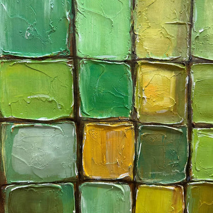 EMERALD MOSAIC: Textured Abstract Green and Gold Oil Painting | black frame version on white wall