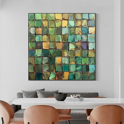 EMERALD MOSAIC: Textured Abstract Green and Gold Oil Painting | Abstract mood, soft natural light studio shot