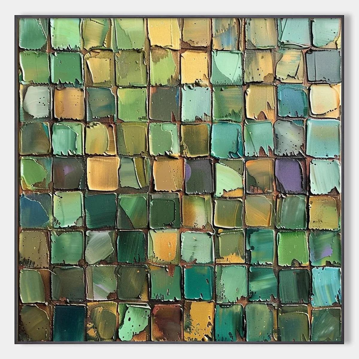 EMERALD MOSAIC: Textured Abstract Green and Gold Oil Painting | hanging in EMERALD MOSAIC: Textured Abstract Green and Gold Oil Painting featuring layered textured brushwork in refined tones; abstr...