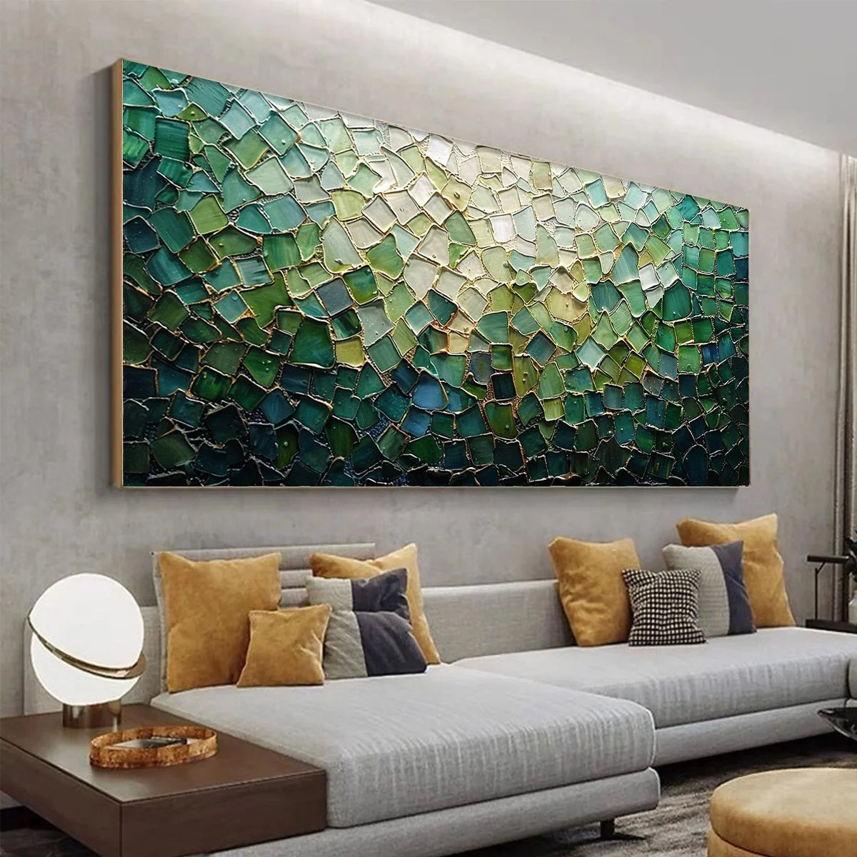 EMERALD MOSAIC: Textured Abstract Landscape Oil Painting | gold frame stretched on neutral wall