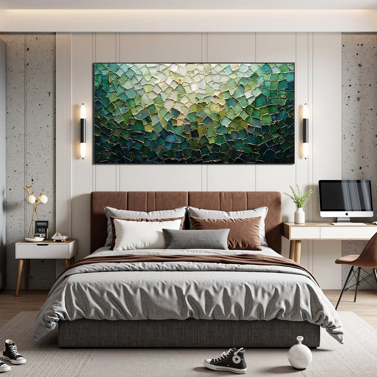 EMERALD MOSAIC: Textured Abstract Landscape Oil Painting | black frame version on white wall