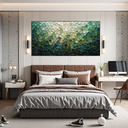 EMERALD MOSAIC: Textured Abstract Landscape Oil Painting | black frame version on white wall
