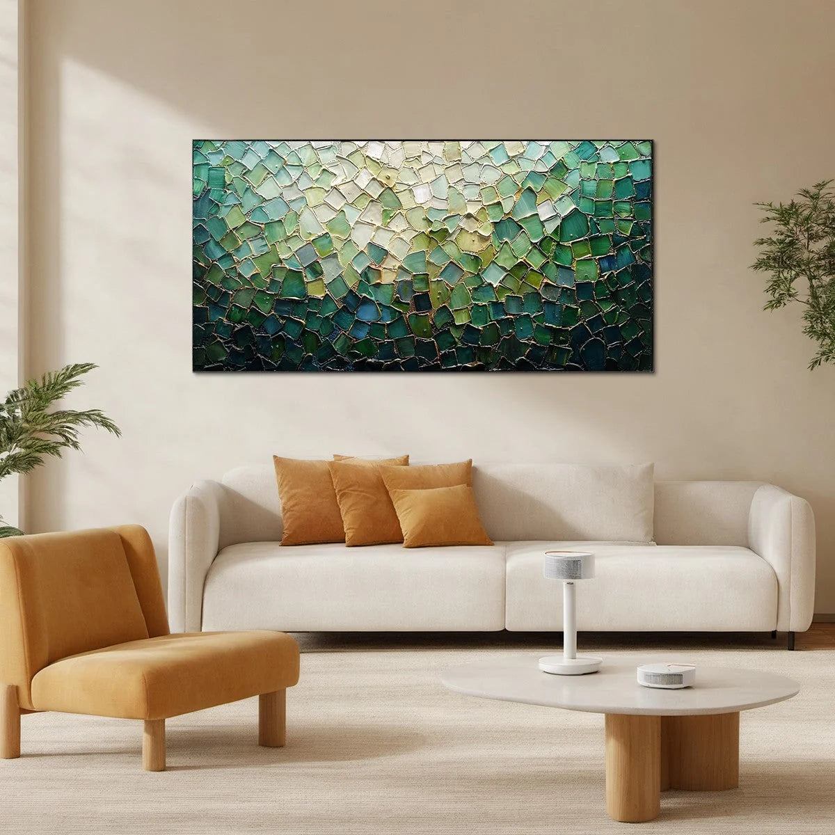 EMERALD MOSAIC: Textured Abstract Landscape Oil Painting | Abstract mood, soft natural light studio shot