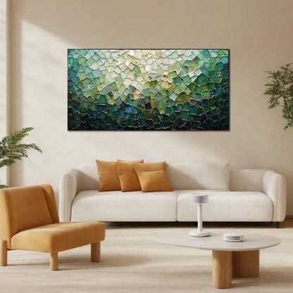 EMERALD MOSAIC: Textured Abstract Landscape Oil Painting | Abstract mood, soft natural light studio shot