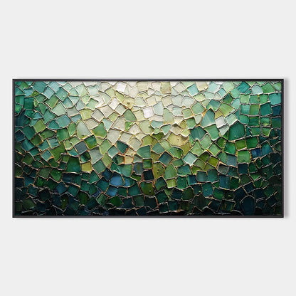 EMERALD MOSAIC: Textured Abstract Landscape Oil Painting | hanging in EMERALD MOSAIC: Textured Abstract Landscape Oil Painting featuring layered textured brushwork in refined tones; abstract compos...