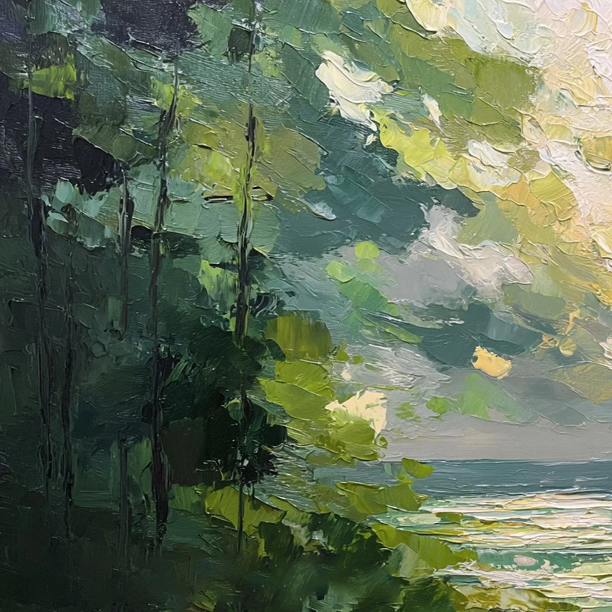 EMERALD OVERLOOK: Textured Palette Knife Seascape Forest Painting | rectangular format, hand-painted canvas edge