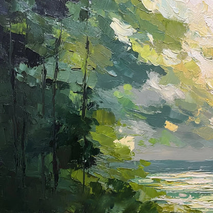 EMERALD OVERLOOK: Textured Palette Knife Seascape Forest Painting | rectangular format, hand-painted canvas edge