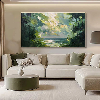 EMERALD OVERLOOK: Textured Palette Knife Seascape Forest Painting | gold frame stretched on neutral wall