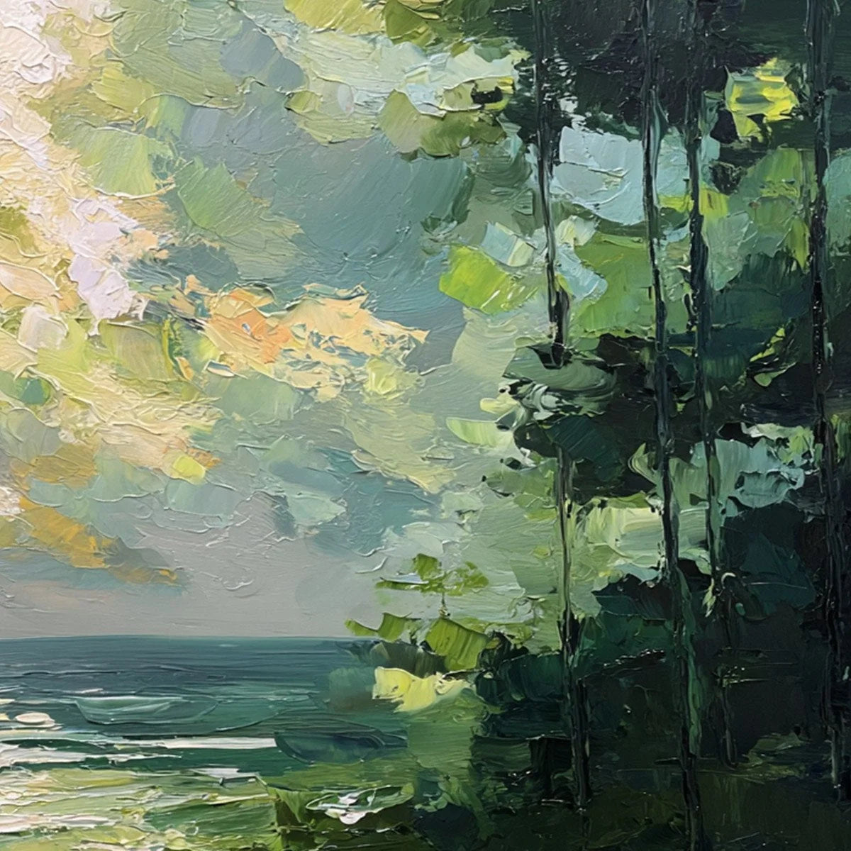 EMERALD OVERLOOK: Textured Palette Knife Seascape Forest Painting | rolled canvas, ready for custom framing