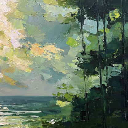 EMERALD OVERLOOK: Textured Palette Knife Seascape Forest Painting | rolled canvas, ready for custom framing
