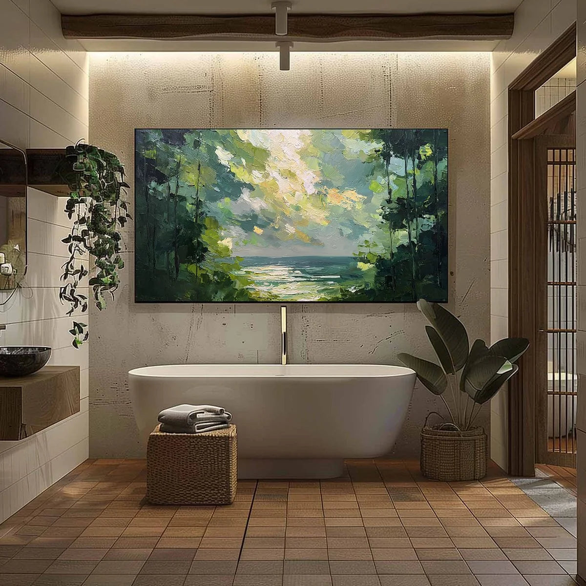 EMERALD OVERLOOK: Textured Palette Knife Seascape Forest Painting | black frame version on white wall