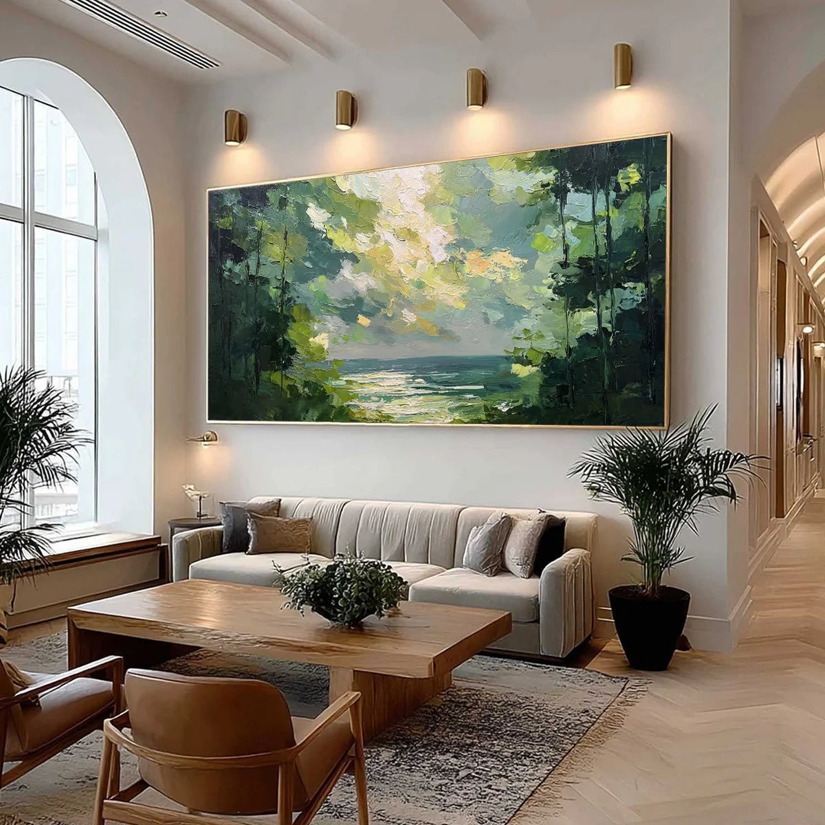 EMERALD OVERLOOK: Textured Palette Knife Seascape Forest Painting | Abstract mood, soft natural light studio shot