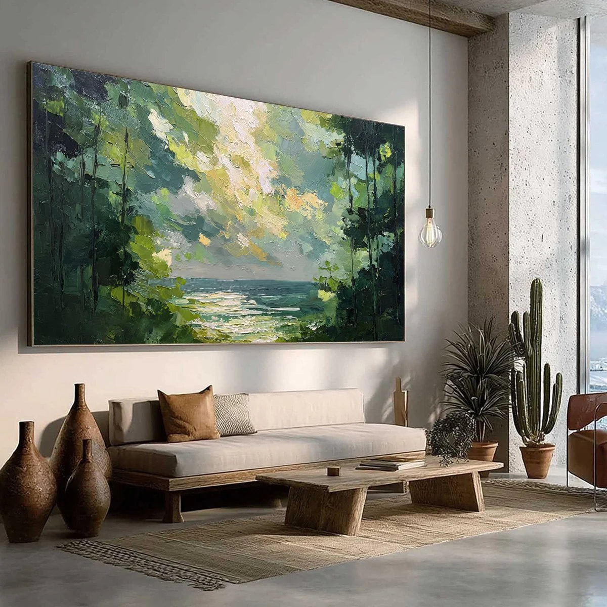 EMERALD OVERLOOK: Textured Palette Knife Seascape Forest Painting | green palette, original Hand-painted on premium stretched canvas using artist-grade oils; rich layered surface combines smooth gr...