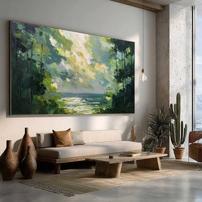 EMERALD OVERLOOK: Textured Palette Knife Seascape Forest Painting | green palette, original Hand-painted on premium stretched canvas using artist-grade oils; rich layered surface combines smooth gr...