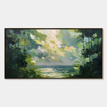 EMERALD OVERLOOK: Textured Palette Knife Seascape Forest Painting | hanging in EMERALD OVERLOOK: Textured Palette Knife Seascape Forest Painting featuring layered textured brushwork in refined tone...