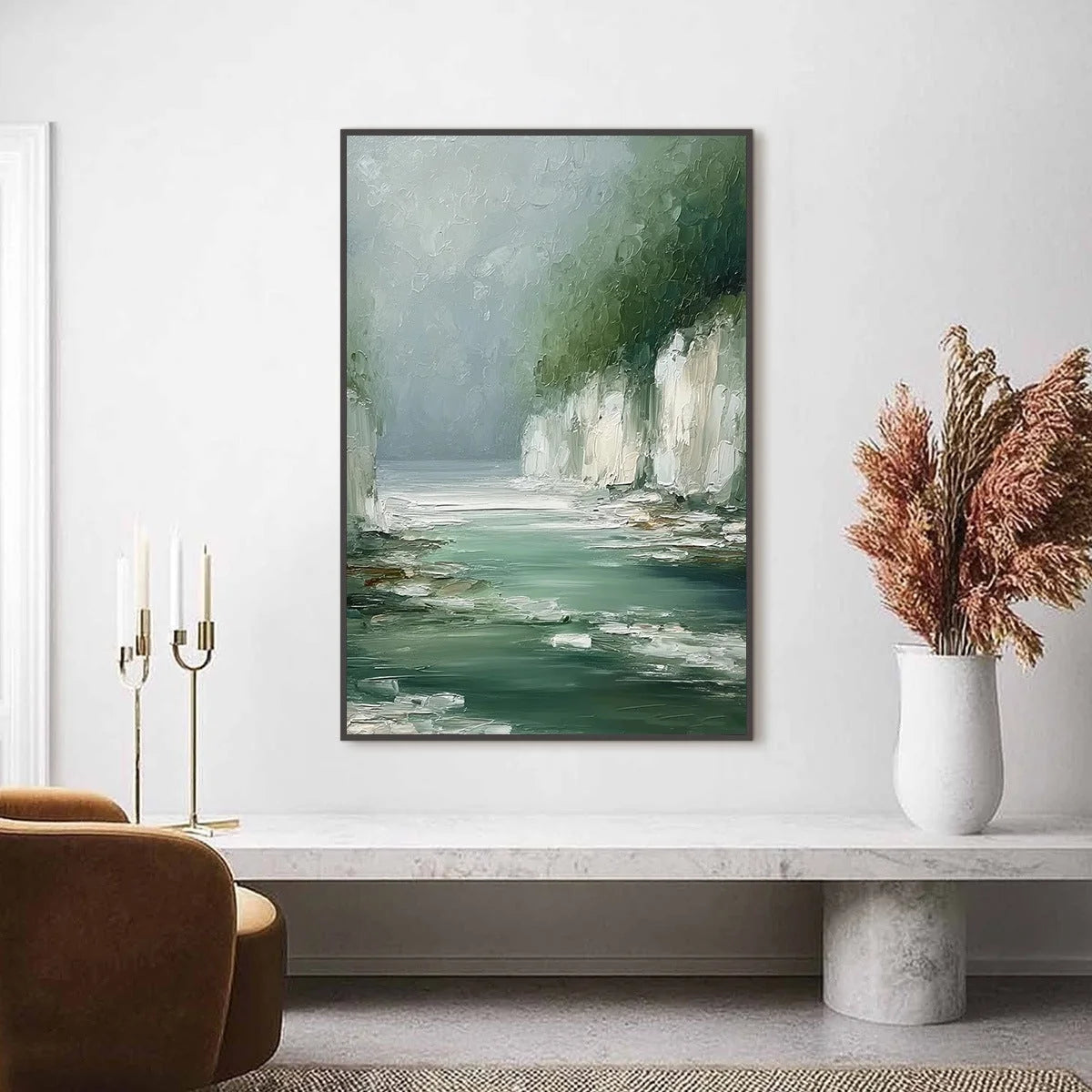 EMERALD PASSAGE: Textured Wabi Sabi Coastal Landscape Painting | Landscape closeup, raised brushwork detail