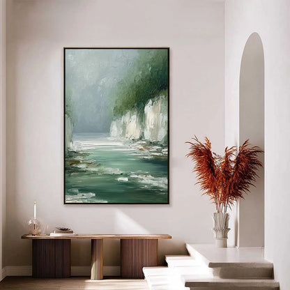 EMERALD PASSAGE: Textured Wabi Sabi Coastal Landscape Painting | gold frame stretched on neutral wall