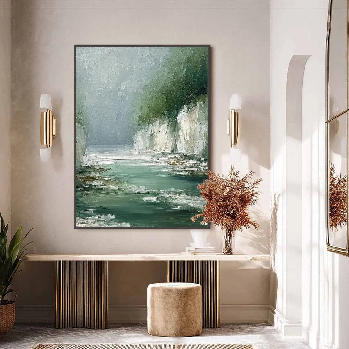 EMERALD PASSAGE: Textured Wabi Sabi Coastal Landscape Painting | black frame version on white wall