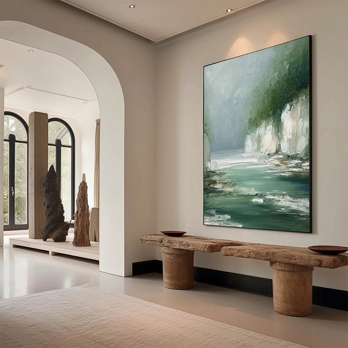 EMERALD PASSAGE: Textured Wabi Sabi Coastal Landscape Painting | Landscape mood, soft natural light studio shot