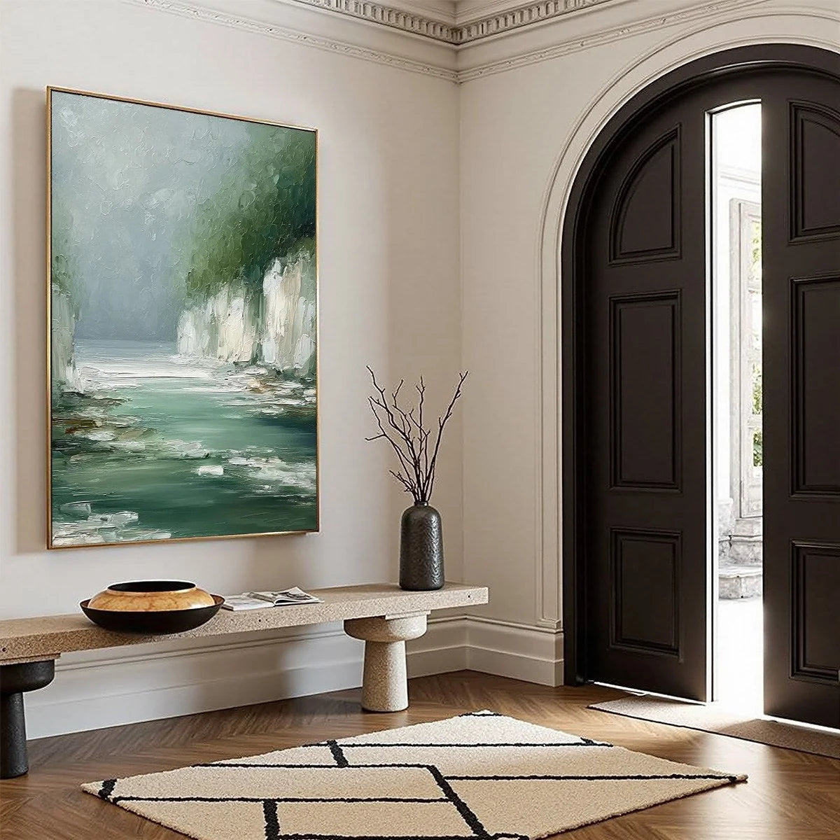EMERALD PASSAGE: Textured Wabi Sabi Coastal Landscape Painting | green palette, original Hand-painted on premium stretched canvas using artist-grade oils; rich layered surface combines smooth gradi...