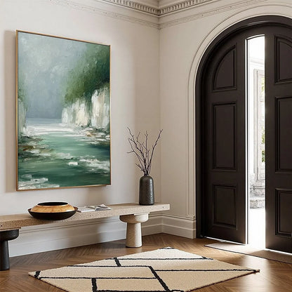 EMERALD PASSAGE: Textured Wabi Sabi Coastal Landscape Painting | green palette, original Hand-painted on premium stretched canvas using artist-grade oils; rich layered surface combines smooth gradi...