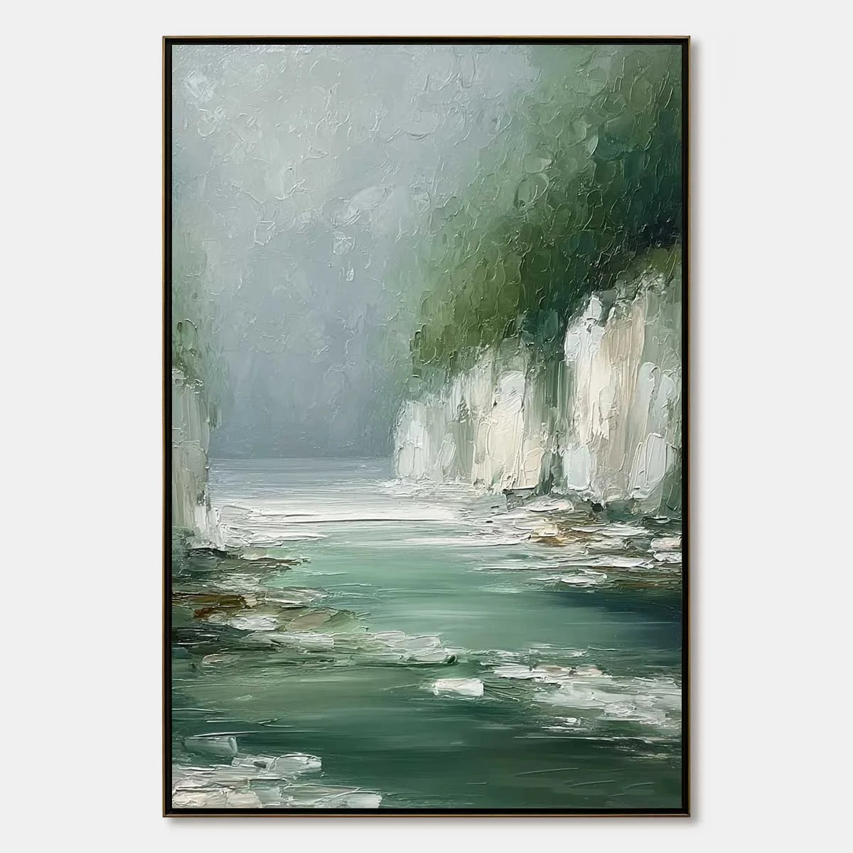 EMERALD PASSAGE: Textured Wabi Sabi Coastal Landscape Painting | hanging in EMERALD PASSAGE: Textured Wabi Sabi Coastal Landscape Painting featuring layered textured brushwork in refined tones; lan...
