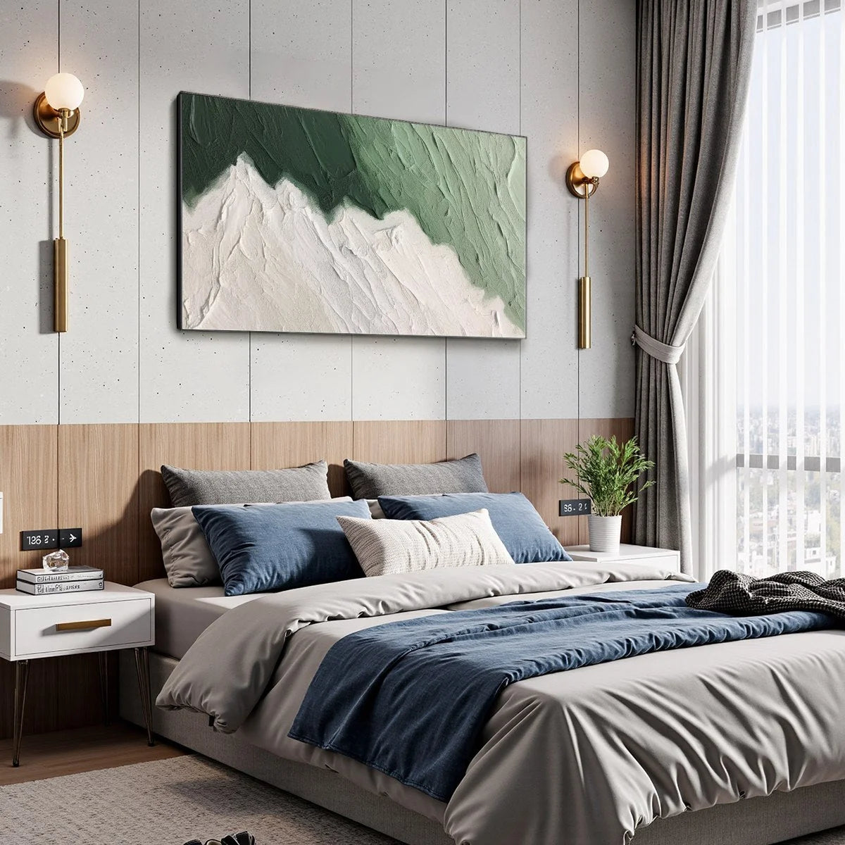 EMERALD PEAKS: Textured Abstract Landscape Oil Painting | gold frame stretched on neutral wall