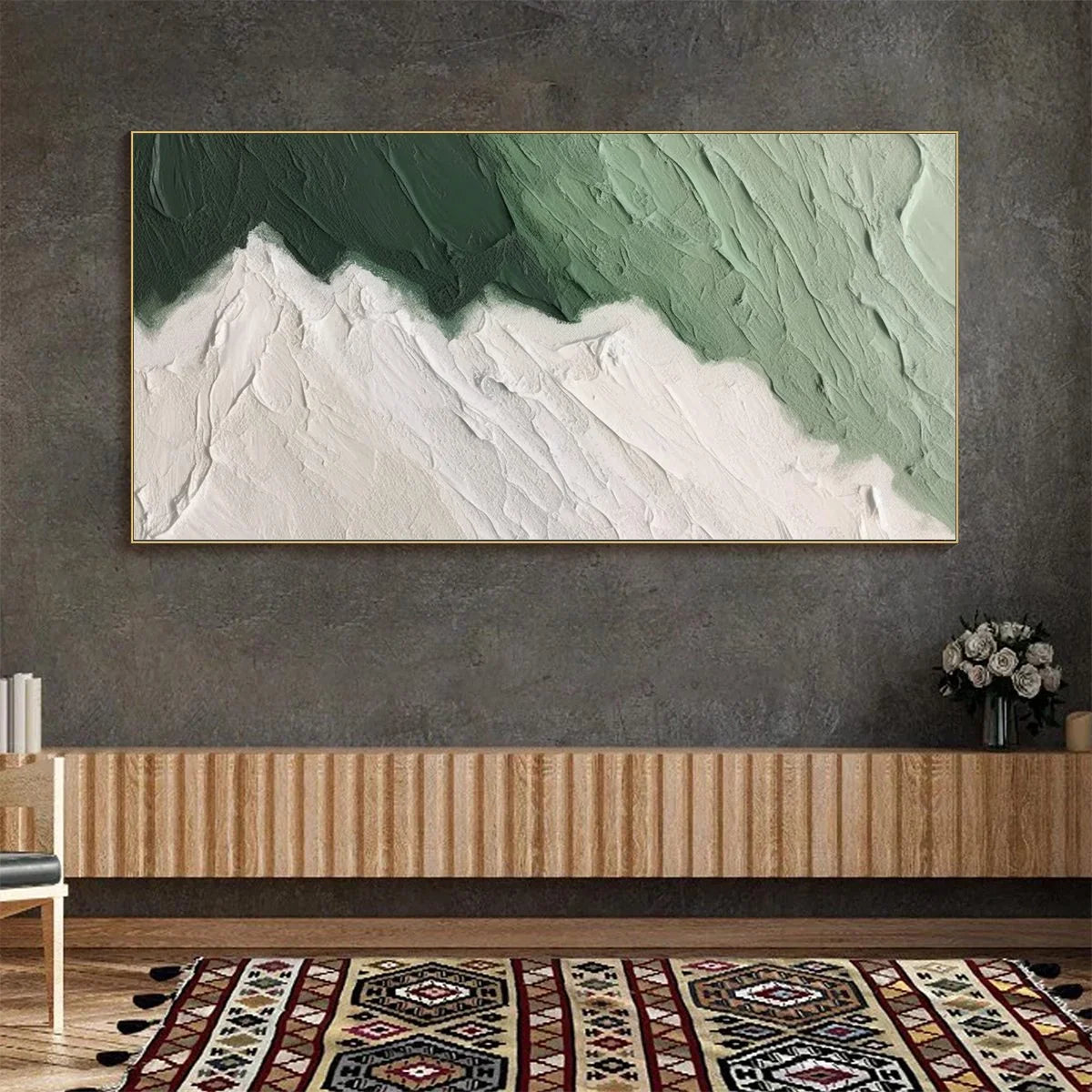EMERALD PEAKS: Textured Abstract Landscape Oil Painting | Abstract mood, soft natural light studio shot