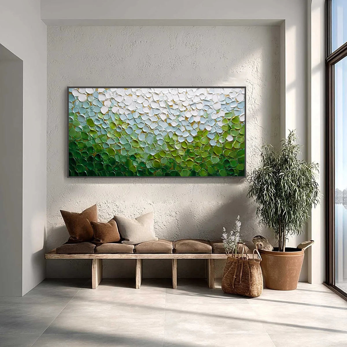 EMERALD PETALS: Textured Abstract Green & White Impasto Landscape Painting | Abstract closeup, raised brushwork detail
