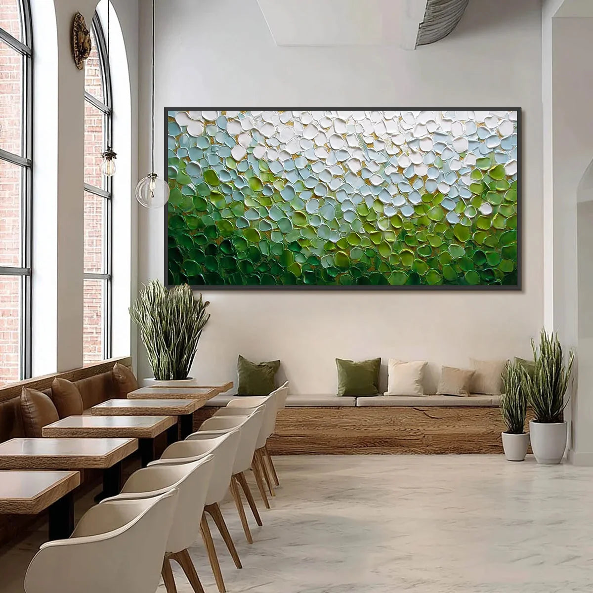 EMERALD PETALS: Textured Abstract Green & White Impasto Landscape Painting | black frame version on white wall