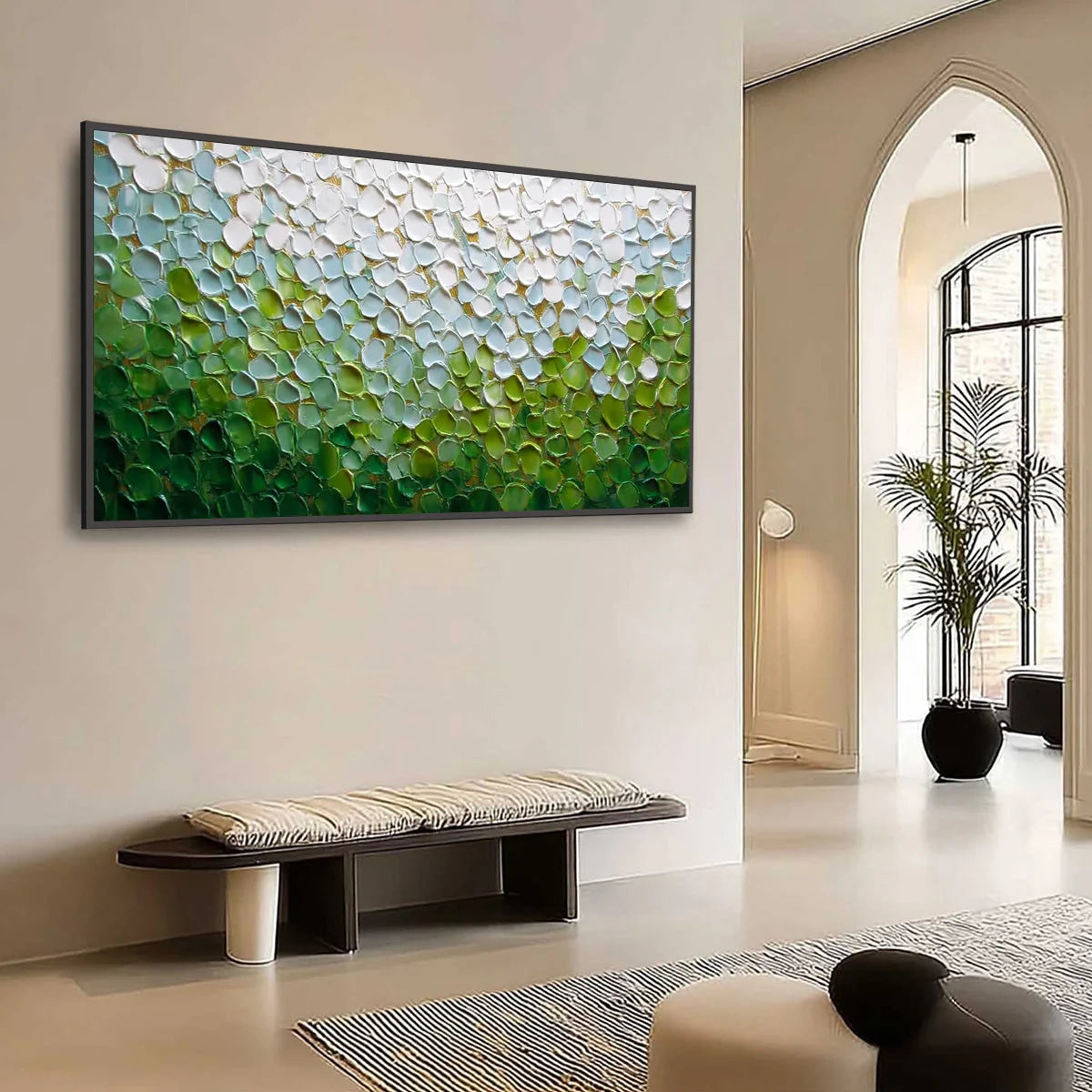 EMERALD PETALS: Textured Abstract Green & White Impasto Landscape Painting | Abstract mood, soft natural light studio shot